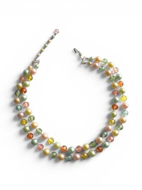 Vintage Uranium Bead Collar Multi Strand Necklace Pastel Faux Pearl Crystal